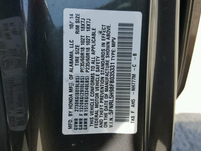 5FNRL5H98FB035331 - 2015 HONDA ODYSSEY TO GRAY photo 10