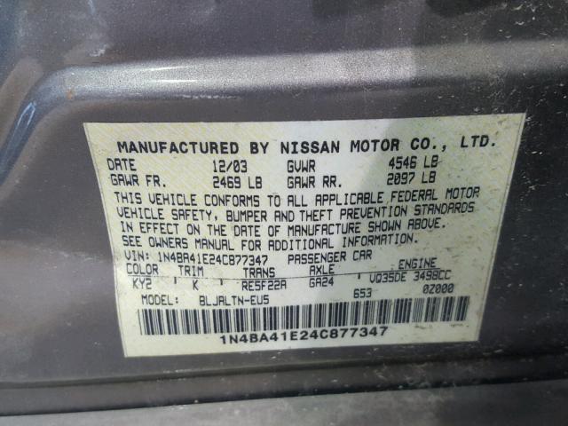 1N4BA41E24C877347 - 2004 NISSAN MAXIMA SE GRAY photo 10