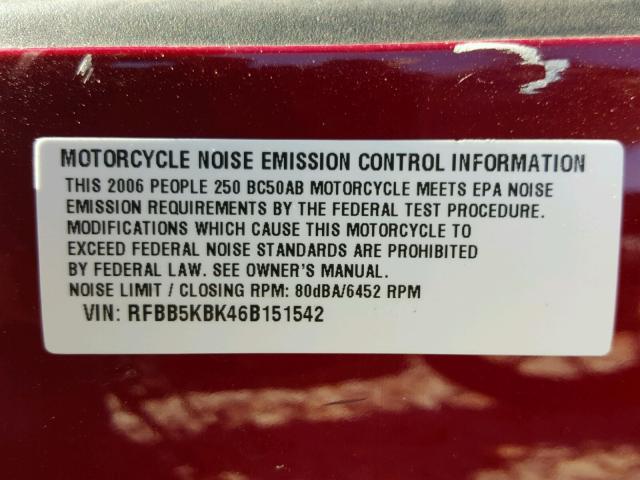 RFBB5KBK46B151542 - 2006 KYMCO USA INC PEOPLE 250 BURGUNDY photo 10