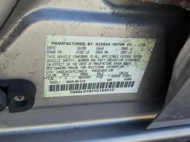 1N4DL01D2YC154512 - 2000 NISSAN ALTIMA XE GRAY photo 10