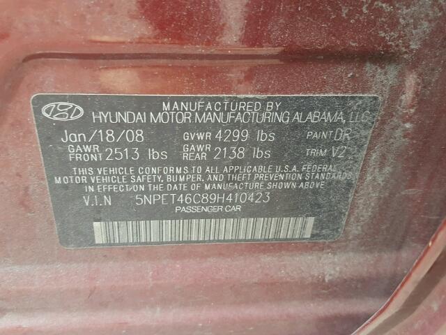 5NPET46C89H410423 - 2009 HYUNDAI SONATA GLS RED photo 10