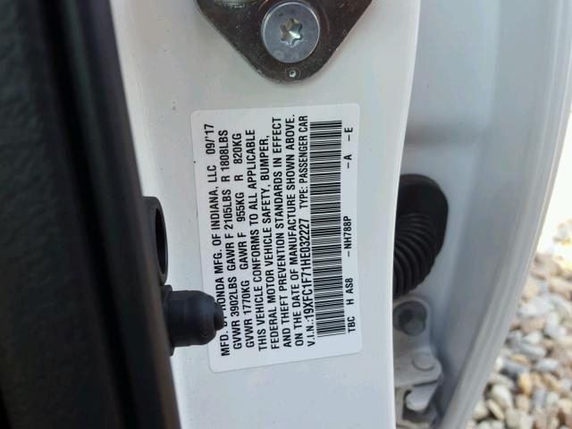 19XFC1F71HE032227 - 2017 HONDA CIVIC EXL WHITE photo 10