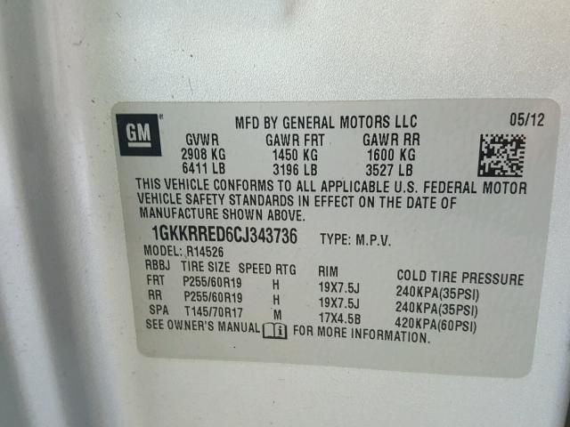 1GKKRRED6CJ343736 - 2012 GMC ACADIA SLT ვერცხლისფერი ფოტო 10