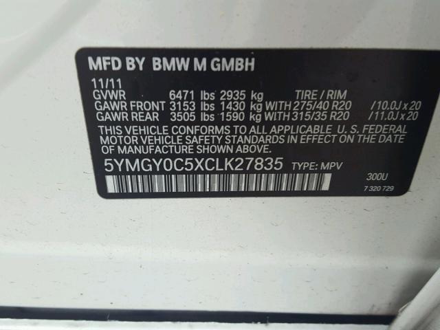 5YMGY0C5XCLK27835 - 2012 BMW X5 M WHITE photo 10
