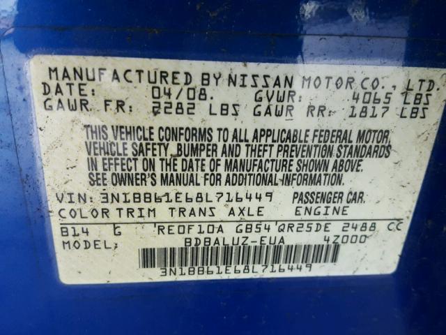 3N1BB61E68L716449 - 2008 NISSAN SENTRA SE- BLUE photo 10