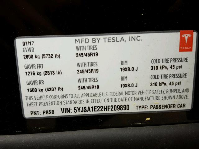 5YJSA1E22HF209890 - 2017 TESLA MODEL S 黑色 照片 10