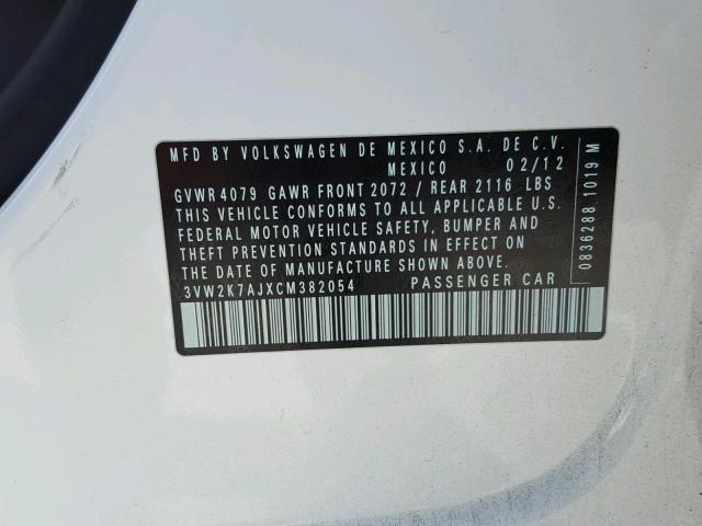 3VW2K7AJXCM382054 - 2012 VOLKSWAGEN JETTA BASE 白色 照片 10