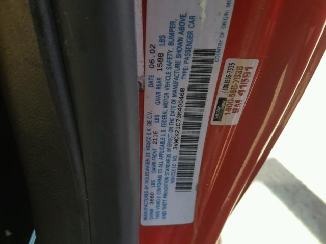 3VWCK21C73M400468 - 2003 VOLKSWAGEN NEW BEETLE 红色 照片 10