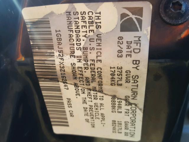 1G8AJ52FX3Z162647 - 2003 SATURN ION LEVEL BLACK photo 10