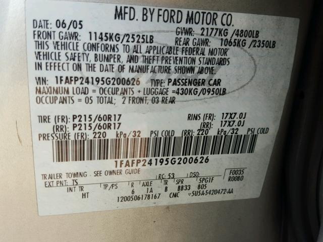 1FAFP24195G200626 - 2005 FORD FIVE HUNDR SILVER photo 10