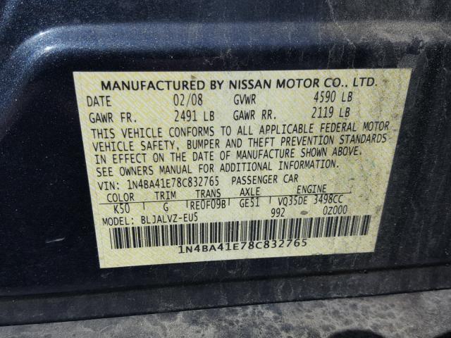 1N4BA41E78C832765 - 2008 NISSAN MAXIMA SE GRAY photo 10