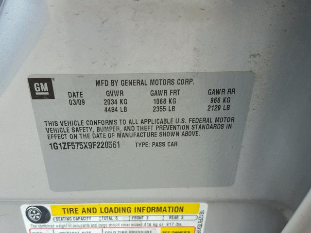 1G1ZF575X9F220561 - 2009 CHEVROLET MALIBU HYB 银色 照片 10