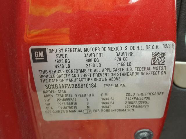3GNBAAFW2BS610184 - 2011 CHEVROLET HHR LS RED photo 10