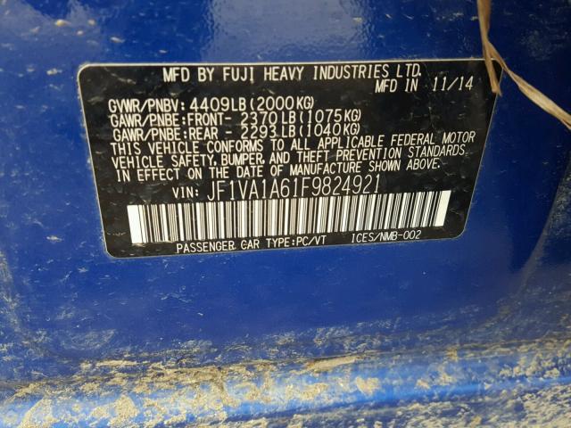 JF1VA1A61F9824921 - 2015 SUBARU WRX BLUE photo 10