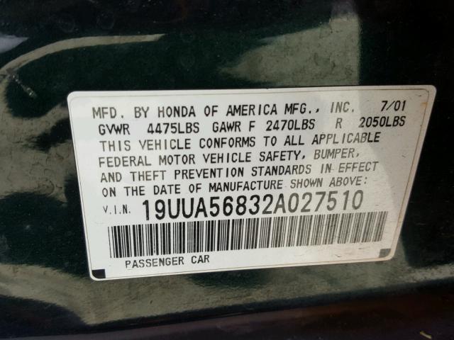 19UUA56832A027510 - 2002 ACURA 3.2TL TYPE GREEN photo 10