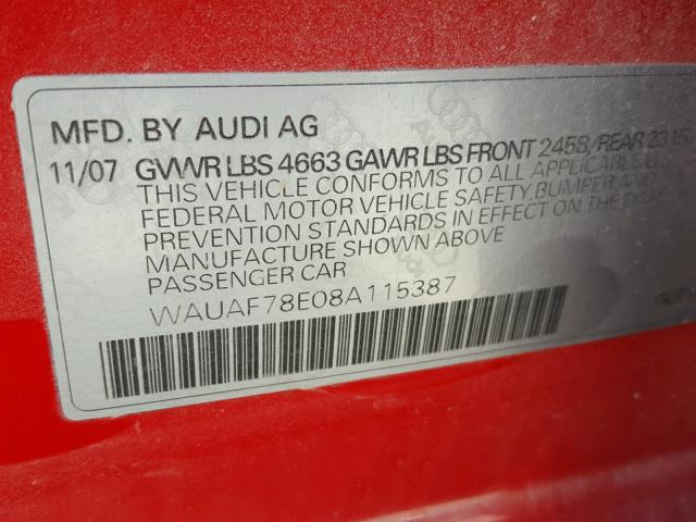 WAUAF78E08A115387 - 2008 AUDI A4 2.0T RED photo 10