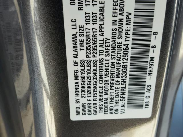 5FNRL5H33GB129064 - 2016 HONDA ODYSSEY SE GRAY photo 10