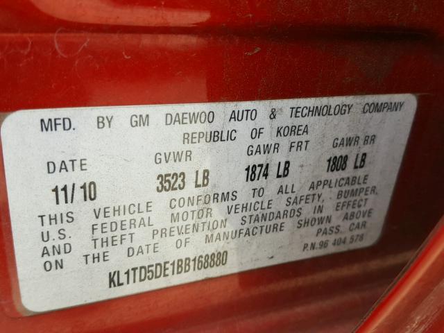 KL1TD5DE1BB168880 - 2011 CHEVROLET AVEO LS 红色 照片 10