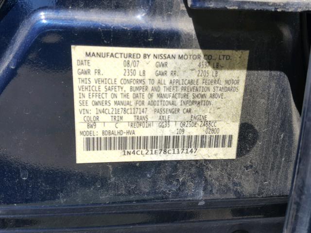 1N4CL21E78C117147 - 2008 NISSAN ALTIMA HYB BLUE photo 10