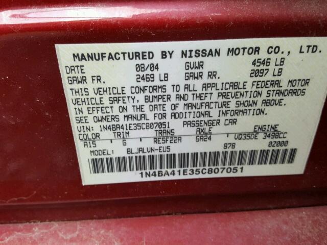 1N4BA41E35C807051 - 2005 NISSAN MAXIMA SE RED photo 10