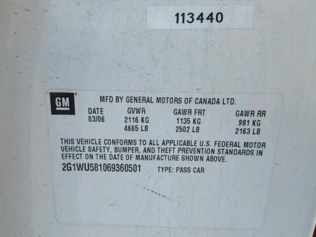 2G1WU581069360501 - 2006 CHEVROLET IMPALA LTZ WHITE photo 10