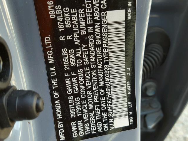 SHHFK7H46HU402928 - 2017 HONDA CIVIC SPOR BLUE photo 10