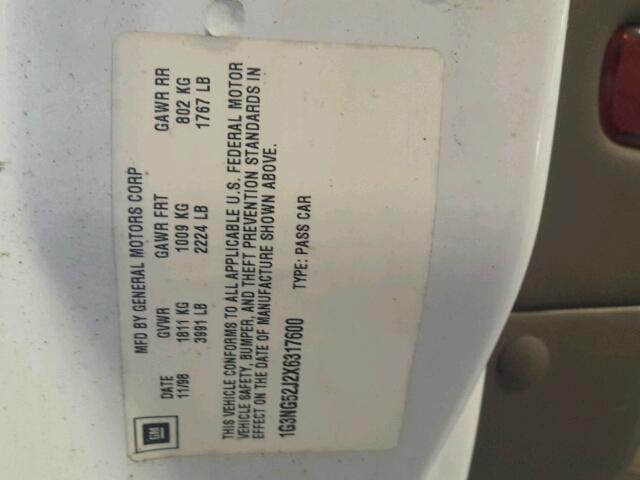 1G3NG52J2X6317600 - 1999 OLDSMOBILE CUTLASS GL WHITE photo 10