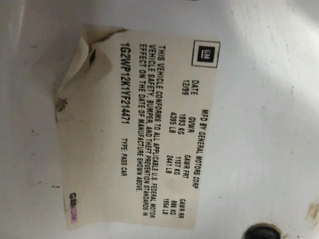 1G2WP12K1YF214471 - 2000 PONTIAC GRAND PRIX WHITE photo 10