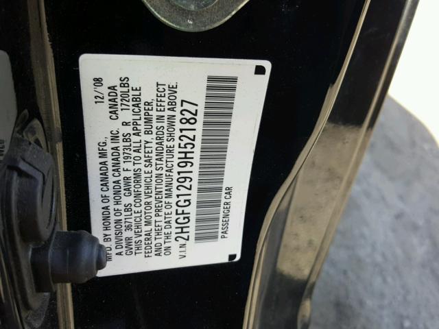 2HGFG12919H521827 - 2009 HONDA CIVIC EXL BLACK photo 10