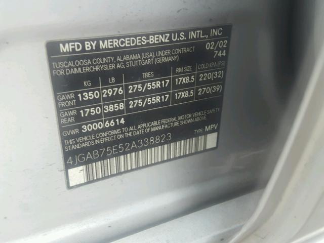 4JGAB75E52A338823 - 2002 MERCEDES-BENZ ML 500 SILVER photo 10