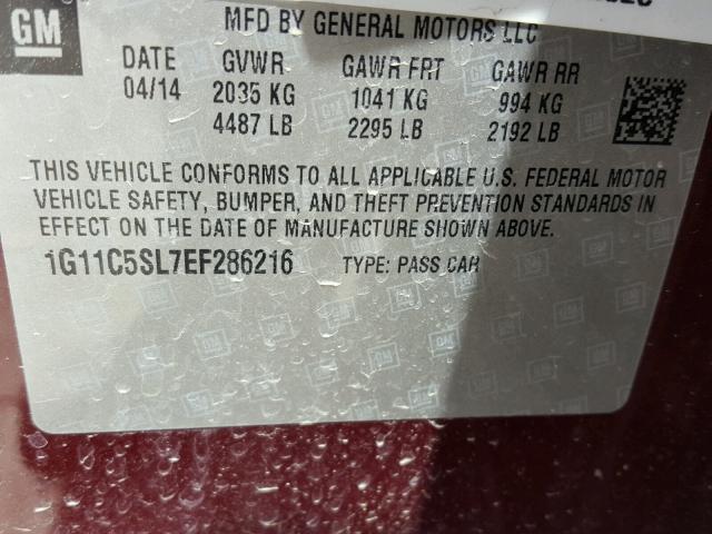 1G11C5SL7EF286216 - 2014 CHEVROLET MALIBU 1LT RED photo 10