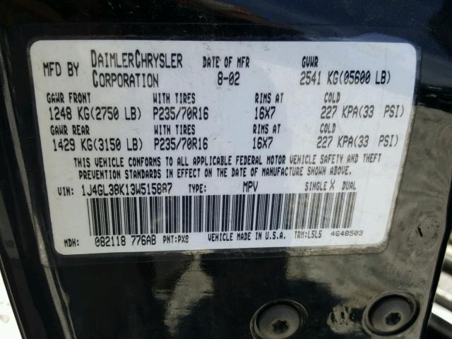 1J4GL38K13W515887 - 2003 JEEP LIBERTY RE BLACK photo 10