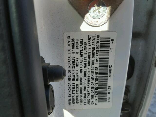 19XFB2F97DE260138 - 2013 HONDA CIVIC EXL WHITE photo 10
