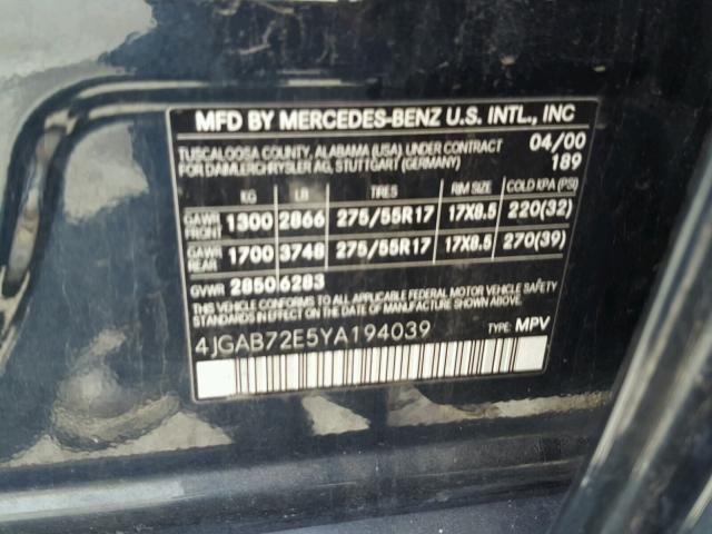 4JGAB72E5YA194039 - 2000 MERCEDES-BENZ ML 430 蓝色 照片 10