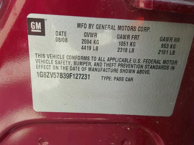 1G8ZV57B39F127231 - 2009 SATURN AURA XR MAROON photo 10