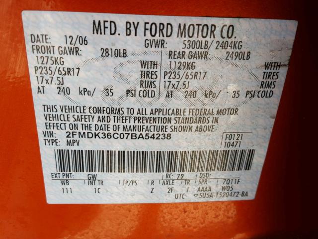 2FMDK36C07BA54238 - 2007 FORD EDGE SE ORANGE photo 10