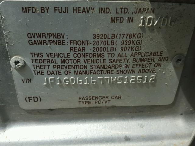 JF1GD61677H512512 - 2007 SUBARU IMPREZA 2. SILVER photo 10