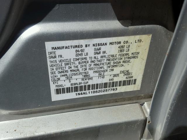 1N4AL11D52C257763 - 2002 NISSAN ALTIMA BAS GRAY photo 10