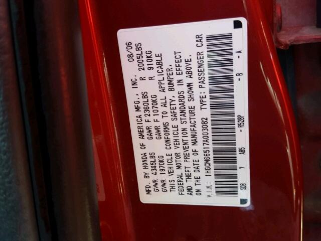 1HGCM66517A003082 - 2007 HONDA ACCORD RED photo 10