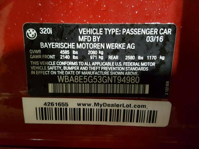 WBA8E5G53GNT94980 - 2016 BMW 320 XI RED photo 10