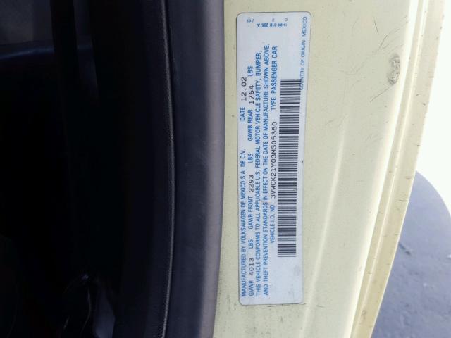 3VWCK21Y03M305360 - 2003 VOLKSWAGEN NEW BEETLE 奶油色 照片 10