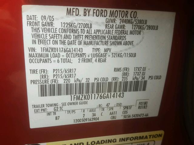 1FMZK01176GA14143 - 2006 FORD FREESTYLE RED photo 10