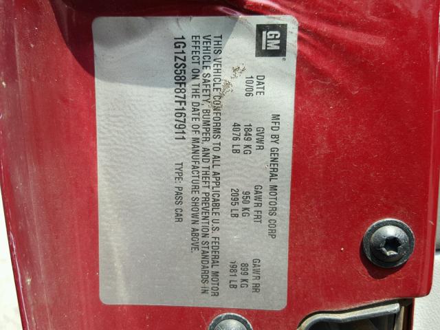 1G1ZS58F87F167911 - 2007 CHEVROLET MALIBU LS RED photo 10