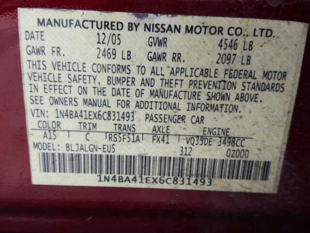 1N4BA41EX6C831493 - 2006 NISSAN MAXIMA SE MAROON photo 10