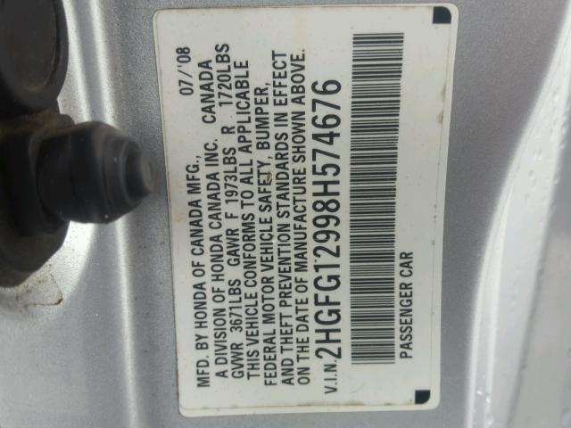 2HGFG12998H574676 - 2008 HONDA CIVIC EXL GRAY photo 10