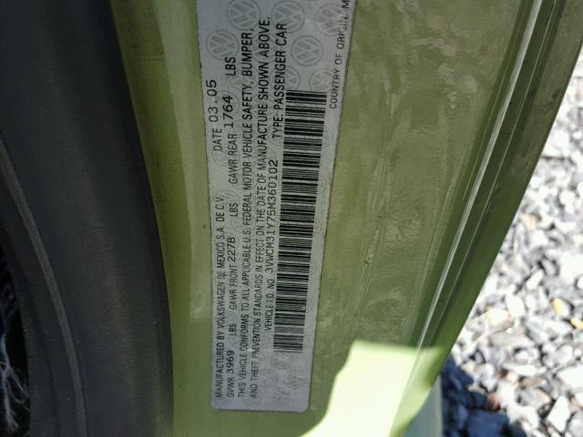 3VWCM31Y75M360102 - 2005 VOLKSWAGEN NEW BEETLE მწვანე ფოტო 10