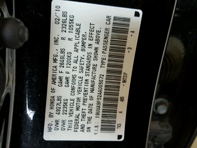 19UUA9F52AA005672 - 2010 ACURA TL BLACK photo 10