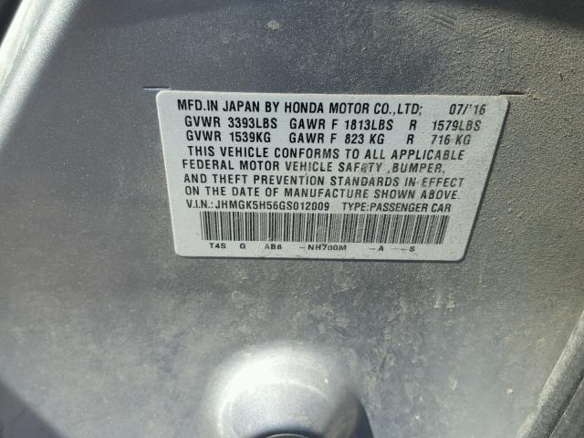 JHMGK5H56GS012009 - 2016 HONDA FIT LX GRAY photo 10