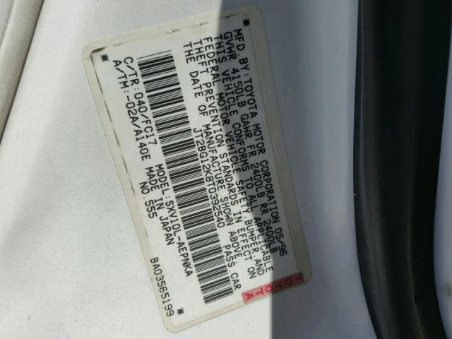 JT2BG12K8T0392540 - 1996 TOYOTA CAMRY DX WHITE photo 10