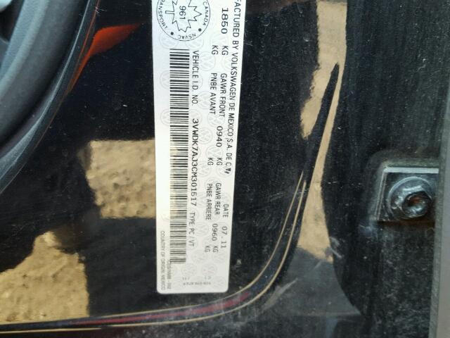 3VWDK7AJ3CM301517 - 2012 VOLKSWAGEN JETTA BLACK photo 10